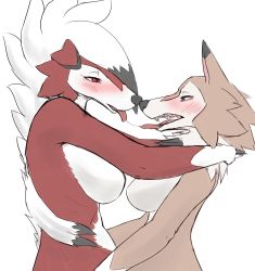 Rule 34 | 2girls, animal ears, arms around neck, black hair, blue eyes, blush, breasts, claws, creatures (company), dog ears, eye contact, fang, fangs, female focus, furry, furry female, game freak, gen 7 pokemon, half-closed eyes, highres, large breasts, looking at another, lycanroc, multicolored hair, multiple girls, nintendo, no nipples, open mouth, personification, pokemon, pokemon (creature), red eyes, saliva, saliva trail, sharp teeth, simple background, teeth, tongue, tongue out, two-tone hair, upper body, white background, white hair, xan (xan0712), yuri