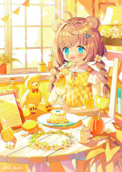 Rule 34 | 1girl, :d, ahoge, animal ears, bear ears, bendy straw, blue eyes, blush, braid, brown hair, chair, collared dress, commentary request, cup, dress, drink, drinking glass, drinking straw, fang, feet out of frame, flower, food, food request, frilled shirt collar, frills, fruit, hair ornament, hairclip, highres, ikari (aor3507), indoors, lemon, long hair, looking at viewer, low twintails, menu, on chair, open mouth, original, pennant, plaid, plaid dress, plant, plate, potted plant, smile, solo, string of flags, stuffed animal, stuffed toy, table, teddy bear, twin braids, twintails, twitter username, white flower, window, wooden floor, yellow dress, yellow flower