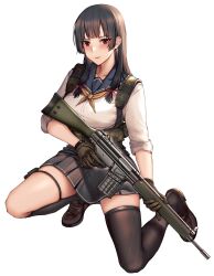 Rule 34 | 1girl, battle rifle, black skirt, black thighhighs, breasts, brown hair, camouflage, chest rig, gloves, green gloves, gun, h&amp;k g3, highres, kitsune udon (ai br), large breasts, looking at viewer, medium breasts, original, red eyes, rifle, school uniform, serafuku, shirt, skirt, smile, solo, squatting, thighhighs, thighs, weapon, white shirt, woodland camouflage
