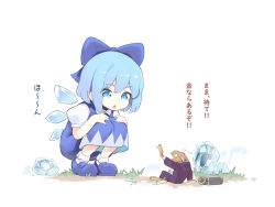 Rule 34 | 1girl, asutora, blue bow, blue dress, blue eyes, blue footwear, blue hair, bow, character request, cirno, commentary request, dress, frog, full body, hair bow, ice, ice wings, shoes, short hair, short sleeves, simple background, squatting, touhou, translation request, white background, wings