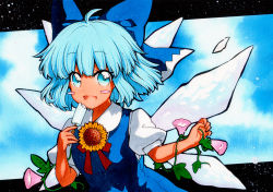 Rule 34 | 1girl, black border, blue background, blue bow, blue dress, blue eyes, blue hair, border, bow, cirno, dress, eyes visible through hair, flower, food, hair between eyes, hands up, ice, ice cream, ice wings, leaf, looking at viewer, open mouth, pink flower, qqqrinkappp, short hair, short sleeves, smile, solo, sunflower, touhou, traditional media, white sleeves, wings