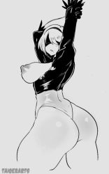 Rule 34 | 1girl, arms up, artist name, ass, blindfold, blush, breasts, curvy, grey background, greyscale, hairband, huge ass, large breasts, leotard, mole, mole under mouth, monochrome, nier (series), nier:automata, nipples, short hair, sideboob, solo, stretching, taiger, thick thighs, thighs, torn clothes, wide hips, 2b (nier:automata)
