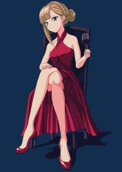 Rule 34 | 1girl, bare arms, bare legs, bare shoulders, blonde hair, blue background, blue eyes, braid, breasts, chair, crossed legs, cup, drinking glass, fate (series), high heels, holding, holding cup, kamo ashi, long hair, looking at viewer, lord el-melloi ii case files, reines el-melloi archisorte, simple background, sitting, solo, wine glass