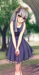 Rule 34 | 1girl, akane (ar tonelico), alternate hairstyle, ar tonelico, ar tonelico iii, blue dress, casual, dress, flat chest, grey hair, hair ornament, head tilt, long hair, looking at viewer, monorus, own hands clasped, own hands together, ponytail, smile, solo, v arms, yellow eyes