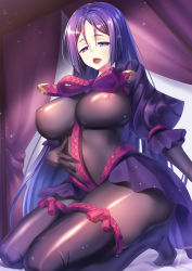 Rule 34 | 1girl, bodystocking, bodysuit, breasts, covered erect nipples, fate/grand order, fate (series), iro ame (amewaagada), large breasts, long hair, looking at viewer, low-tied long hair, minamoto no raikou (fate), open mouth, parted bangs, purple eyes, purple hair, ribbed sleeves, rope, soles, solo, thighhighs, very long hair