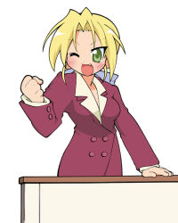 Rule 34 | 00s, 1girl, bad id, bad pixiv id, blonde hair, blush, clenched hand, desk, fang, formal, green eyes, kuroi nanako, long hair, lucky star, one eye closed, ponytail, simple background, solo, suit, table, teacher, usuiken, white background, wink