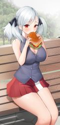Rule 34 | 1girl, absurdres, bare legs, beef, bench, black ribbon, blush, breasts, burger, cheese, cleavage, commission, day, dripping, eating, feet out of frame, food, food on body, food on breasts, girls&#039; frontline, grey shirt, hair ribbon, highres, holding, holding food, large breasts, lettuce, long hair, looking at viewer, miniskirt, neko lu (wofud453), on bench, outdoors, park bench, pleated skirt, red eyes, red skirt, ribbon, shirt, silver hair, sitting, skirt, sleeveless, sleeveless shirt, solo, spas-12 (girls&#039; frontline), thighs, tomato, tomato slice, twintails