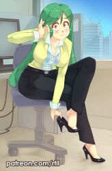 Rule 34 | 1girl, absurdres, black pants, blush, boku no hero academia, breasts, chair, city, cleavage, computer, day, green hair, high heels, highres, indoors, lapels, large breasts, leaning forward, long hair, office chair, office lady, pants, pumps, ragdoll (boku no hero academia), rtil, sitting, solo, swivel chair, yellow eyes