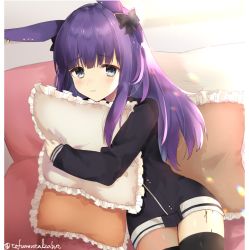 Rule 34 | animal ears, arknights, bad id, bad pixiv id, black bow, black jacket, black thighhighs, blue eyes, blush, bow, closed mouth, couch, frilled pillow, frills, hair bow, jacket, long hair, long sleeves, looking at viewer, hugging object, on couch, pillow, pillow hug, purple hair, rabbit ears, rope (arknights), solo, thighhighs, toufu mentaru zabuton, twitter username, very long hair
