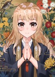 Rule 34 | 1girl, absurdres, beads, bird, black kimono, blonde hair, blush, branch, brown eyes, closed mouth, commentary, copyright request, crossed bangs, egasumi, english commentary, flower, haru yu, highres, japanese clothes, kimono, lily (flower), lips, long hair, looking at viewer, own hands together, palms together, prayer beads, red flower, seigaiha, solo, straight-on, tassel, upper body, white flower, yellow flower