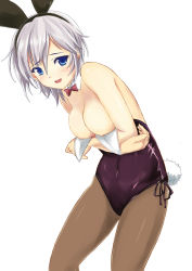 Rule 34 | 10s, 1girl, :d, alternate costume, anastasia (idolmaster), animal ears, areola slip, bare arms, bare shoulders, blue eyes, blush, bow, bowtie, breast hold, breasts, brown pantyhose, cleavage, covered navel, detached sleeves, eyebrows, fake animal ears, hair between eyes, hairband, highres, idolmaster, idolmaster cinderella girls, large breasts, leotard, leotard pull, looking at viewer, nakonako, open mouth, pantyhose, playboy bunny, rabbit ears, rabbit tail, red bow, red bowtie, short hair, side-tie leotard, silver hair, simple background, skin tight, smile, solo, standing, tail, wardrobe malfunction, wavy mouth, white background