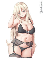 Rule 34 | 1girl, black bra, black panties, black thighhighs, blonde hair, blush, bra, breasts, cleavage, collarbone, cowboy shot, cropped legs, ebifurya, garter belt, garter straps, grey eyes, highres, kantai collection, large breasts, lingerie, long hair, looking at viewer, mature female, mole, mole on breast, mole on stomach, mole under eye, mole under mouth, navel, open mouth, panties, richelieu (kancolle), simple background, solo, thighhighs, thighs, twitter username, underwear, underwear only, white background, wide hips