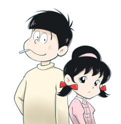 Rule 34 | 1boy, 1girl, black hair, brother and sister, child, cigarette, freckles, hair ribbon, hairband, hand on own hip, height difference, messy hair, osomatsu-kun, osomatsu (series), ribbon, rocomasu, siblings, simple background, smile, totoko&#039;s brother, turtleneck, upper body, white background, yowai totoko