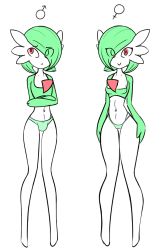 Rule 34 | 1boy, 1girl, breasts, bulge, cameltoe, creatures (company), crossed arms, eyes visible through hair, full body, game freak, gardevoir, gen 3 pokemon, green hair, green panties, hair over one eye, hands up, highres, looking at viewer, nintendo, panties, pokemon, pokemon (creature), pokemon rse, red eyes, sealguy, short hair, simple background, small breasts, smile, standing, trap, underwear, white background