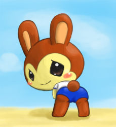 Rule 34 | 1girl, animal crossing, animal ears, ass, bent over, black eyes, blue buruma, blue sky, blush, blush stickers, bunnie (animal crossing), rabbit, buruma, cloud, day, female focus, from behind, full body, furry, furry female, gym uniform, looking at viewer, looking back, nintendo, no humans, outdoors, rabbit ears, rabbit tail, shirt, short sleeves, sky, smile, solo, standing, tail, white shirt