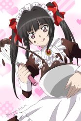 Rule 34 | 1girl, apron, black dress, black hair, bowl, chocolate, chocolate on face, cooking, dress, feet out of frame, flat chest, food, food on face, gem, hair ribbon, heart, heart background, highres, holding, holding bowl, holding whisk, juliet sleeves, licking lips, long bangs, long hair, long sleeves, maid, maid apron, maid headdress, mixing bowl, namrute0303, pink background, pink eyes, puffy sleeves, red ribbon, ribbon, senki zesshou symphogear, signature, smile, solo, tongue, tongue out, tsukuyomi shirabe, twintails, whisk, white apron, white headdress