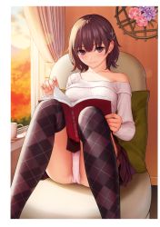 Rule 34 | 1girl, absurdres, argyle, argyle clothes, argyle legwear, blush, book, breasts, brown hair, closed mouth, collarbone, fingernails, hair ornament, highres, homunculus (alchemynote), indoors, long sleeves, looking at viewer, medium breasts, melonbooks, off shoulder, open book, panties, purple eyes, scan, short hair, simple background, sitting, skirt, solo, sunset, thighhighs, underwear, white panties, window, x hair ornament