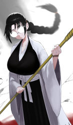 Rule 34 | 1girl, absurdres, black hair, bleach, bleach: sennen kessen-hen, blood, blood on face, braid, breasts, closed mouth, glasses, grey eyes, hakama, haori, highres, holding, holding weapon, huge breasts, japanese clothes, katori batsuunsai, kimono, large breasts, long hair, single braid, solo, tagme, unknownid, very long hair, weapon, wide sleeves