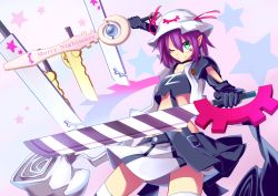 Rule 34 | &gt;;), 1girl, ;), adapted object, advent cirno, character name, creator connection, crop top, dual wielding, facial mark, gloves, green eyes, hat, hat ribbon, holding, magarikado, merry nightmare, midriff, one eye closed, parody, pointy ears, purple hair, ribbon, robe, short hair, smile, solo, star (symbol), starry background, sword, v-shaped eyebrows, weapon, yumekui merry