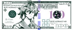Rule 34 | 1boy, antenna hair, artist name, banknote, commentary request, dollar bill, genshin impact, gongxifacai crroya, hair between eyes, highres, limited palette, looking at viewer, male focus, money, parody, portrait, short hair, signature, solo, zhongli (genshin impact)