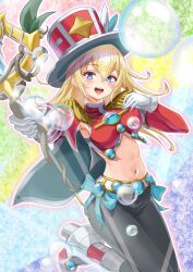 Rule 34 | 1girl, armpits, black pants, blonde hair, blue eyes, blush, boots, bubble, cape, crop top, duel monster, epaulettes, gloves, hand on own chest, hat, high heel boots, high heels, highres, holding, holding staff, long hair, long sleeves, midriff, nasubi3632, navel, open mouth, pants, pendulum witch, solo, staff, stomach, top hat, white gloves, yu-gi-oh!