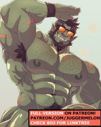 Rule 34 | 1boy, abs, arm hair, arm up, armpit hair, armpits, bara, beard, blush, censored, censored by text, chest hair, colored skin, come hither, cowboy shot, excessive armpit hair, facial hair, green skin, grin, hairy, half-erect, highres, huge pectorals, juggermelon, looking at viewer, male focus, mature male, mohawk, monster boy, muscular, muscular male, navel, navel hair, nipples, opaque sunglasses, orc, original, paid reward available, penis, pointy ears, rhys (juggermelon), seductive smile, short hair, smile, solo, stomach, strongman waist, sunglasses, thick arms, thick eyebrows, thick thighs, thighs, tusks, veins, veiny penis