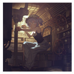 Rule 34 | 1girl, armpits, bare arms, black shirt, blouse, blue eyes, blue hair, brown gloves, chair, gloves, green hat, hair between eyes, hair bobbles, hair ornament, hat, indoors, industrial pipe, kawashiro nitori, leaning forward, overalls, pants, screwdriver, shirt, shoes, sitting, solo, tank top, touhou, two side up, yamamomo (plank)
