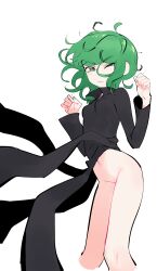 Rule 34 | 1girl, absurdres, black dress, breasts, closed mouth, dress, eds, female focus, green eyes, green hair, highres, navel, no panties, one-punch man, one eye closed, simple background, small breasts, solo, tatsumaki, white background, wind