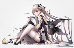 Rule 34 | 1girl, aircraft, azur lane, black footwear, breasts, dress, earrings, formidable (azur lane), frilled dress, frills, grey background, grey hair, hair ribbon, highres, jewelry, large breasts, long hair, parted lips, red eyes, ribbon, simple background, sitting, solo, thighhighs, toki (rumukio), twintails, two-tone dress, two-tone ribbon, very long hair, white thighhighs