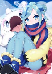 Rule 34 | 1boy, :d, absurdres, altaria, black shirt, blue eyes, blue footwear, blue hair, blue mittens, blue pants, blurry, blurry background, boots, brown jacket, cetitan, chiitamu, commentary request, covered mouth, creatures (company), day, depth of field, fringe trim, game freak, gen 3 pokemon, grusha (pokemon), highres, hugging own legs, jacket, knees up, long sleeves, looking at viewer, male focus, mittens, multicolored hair, nintendo, open mouth, outdoors, pants, pokemon, pokemon (creature), pokemon sv, puffy long sleeves, puffy sleeves, scarf, shirt, shoe soles, sitting, smile, snow, streaked hair, swept bangs, thick eyebrows, toboggan
