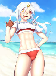 Rule 34 | 1girl, abs, azur lane, bad id, bad pixiv id, bandaid, bandaid on face, bandaid on nose, beach, blue sky, cloud, commentary request, cowboy shot, cross, cross earrings, dog tags, downes (azur lane), earrings, fingerless gloves, gloves, gunmarx, heterochromia, highres, jewelry, long hair, looking at viewer, low ponytail, midriff, mole, mole under eye, navel, ocean, single earring, sky, smile, solo, standing, sweat, swimsuit, thighs, toned, tongue, tongue out, white hair