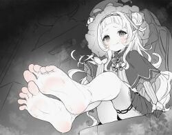 Rule 34 | 1girl, arm support, barefoot, blunt bangs, blush, bow, bowtie, capelet, closed mouth, eyelashes, fang, feet, foot focus, foreshortening, full body, greyscale, hairband, hand up, hat, hexagram hair ornament, hololive, indoors, legs, long hair, long sleeves, looking at viewer, miniskirt, monochrome, murasaki shion, murasaki shion (1st costume), one side up, panties, sitting, skin fang, skirt, smell, soles, solo, steaming body, sweatdrop, thigh strap, thighs, toes, underwear, virtual youtuber, witch hat, yazawa oke