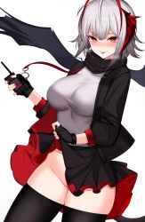 Rule 34 | 1girl, absurdres, antenna hair, arknights, ateoyh, bad id, bad pixiv id, black jacket, black pantyhose, black skirt, breasts, clothes lift, clothes pull, cowboy shot, detonator, grey shirt, groin, highres, holding, horns, jacket, large breasts, looking at viewer, miniskirt, multicolored hair, no panties, open clothes, open jacket, pantyhose, pantyhose pull, red eyes, scarf, shirt, short hair, silver hair, simple background, skirt, skirt lift, solo, streaked hair, tongue, tongue out, w (arknights), white background