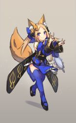 Rule 34 | 1girl, abigail williams (fate), animal ear fluff, animal ears, black bow, blonde hair, blue eyes, blue kimono, blue thighhighs, bow, cosplay, fate/extra, fate/grand order, fate (series), fox ears, fox shadow puppet, fox tail, full body, grey background, hair bow, highres, japanese clothes, kimono, long hair, looking at viewer, mirror, miya (miyaruta), orange bow, parted bangs, simple background, sketch, solo, tail, tamamo (fate), tamamo no mae (fate/extra), tamamo no mae (fate/extra) (cosplay), thighhighs