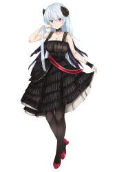 Rule 34 | 1girl, absurdres, black dress, black thighhighs, blue hair, bracer, breasts, cleavage, clothes lift, collarbone, curtsey, dress, earrings, girls&#039; frontline, hair ornament, hand in own hair, highres, jewelry, koenza botoke, long hair, looking at viewer, medium breasts, official alternate costume, red eyes, red footwear, shoes, skirt, skirt lift, smile, solo, thighhighs, thunder (black swan&#039;s dream) (girls&#039; frontline), thunder (girls&#039; frontline), white background