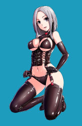 Rule 34 | 1girl, bad id, bad pixiv id, black gloves, black thighhighs, blue background, bondage outfit, boots, breasts, cross-laced clothes, elbow gloves, eyes visible through hair, fish.boy, frontal wedgie, full body, garter straps, gloves, grey hair, highres, kneeling, large breasts, looking at viewer, navel, original, panties, panty pull, parted lips, purple eyes, shiny clothes, shiny skin, solo, thigh boots, thighhighs, underwear, wedgie