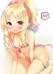 Rule 34 | &gt;:o, 10s, 1girl, :o, bare arms, bare legs, bare shoulders, barefoot, between legs, bikini, blonde hair, blue hair, blush, bow, breasts, cleavage, collarbone, commentary request, covering crotch, covering privates, drill hair, embarrassed, eromanga sensei, from above, gradient hair, hair bow, hand between legs, long hair, looking at viewer, looking up, multicolored hair, navel, open mouth, parted bangs, pink bow, pointy ears, ponytail, red eyes, red ribbon, ribbon, sazaki ichiri, side-tie bikini bottom, sitting, small breasts, solo, speech bubble, spoken blush, stomach, striped bikini, striped clothes, swimsuit, tareme, twin drills, untied bikini, v-shaped eyebrows, v arms, wariza, yamada elf