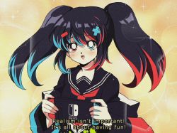 Rule 34 | 1990s (style), 1girl, asymmetrical sleeves, black hair, blue eyes, fake screenshot, fang, fang out, game console, heterochromia, highres, holding, merryweather, nintendo switch, nintendo switch (personification), original, personification, red eyes, retro artstyle, school uniform, solo, subtitled, twintails, uneven sleeves