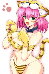 Rule 34 | 1990s (style), 1girl, animal ears, animal hands, animal hat, animal print, bare shoulders, berserker (class), berserker (final fantasy), blush, breasts, cat ears, cat paws, cat tail, cleavage, collar, fate (series), final fantasy, final fantasy v, gloves, green eyes, hat, heracles (fate), highres, large breasts, lenna charlotte tycoon, panties, paw gloves, pink hair, retro artstyle, short hair, solo, tail, tiger print, underboob, underwear, yasakani an