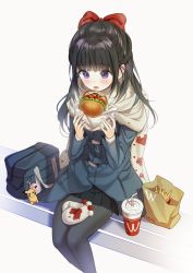 Rule 34 | 1girl, bad id, bad pixiv id, bag, black pantyhose, black skirt, blue bag, blue coat, blush, bow, brand name imitation, burger, charm (object), coat, creatures (company), cup, drinking straw, fast food, food, french fries, game freak, gen 1 pokemon, hair bow, haruri, highres, holding, holding food, legs together, long hair, long sleeves, mcdonald&#039;s, mittens, unworn mittens, nintendo, open mouth, original, pantyhose, paper bag, pikachu, pleated skirt, pokemon, pokemon (creature), purple eyes, red bow, scarf, school bag, shoulder bag, simple background, sitting, skirt, solo, white background, white mittens, white scarf, wrapper