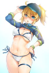 Rule 34 | 1girl, absurdres, artoria pendragon (fate), baseball cap, bikini, blonde hair, blue eyes, blue hat, breasts, commentary request, cowboy shot, cropped jacket, fate/grand order, fate (series), gluteal fold, hair through headwear, hand on own hip, hat, highres, looking at viewer, medium breasts, mysterious heroine x (fate), mysterious heroine xx (fate), open mouth, ponytail, round teeth, samoore, shrug (clothing), side-tie bikini bottom, simple background, solo, standing, swimsuit, teeth, thigh gap, upper teeth only, white background, white bikini