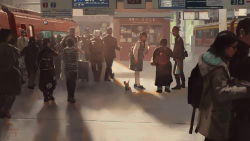 Rule 34 | 6+boys, 6+girls, animal, backpack, bag, braid, coat, commentary request, dated, fox, glasses, hair bun, highres, holding, making-of available, multiple boys, multiple girls, original, overall skirt, pantyhose, scenery, shoes, sign, signature, single hair bun, sneakers, standing, train, train station, twin braids, white legwear, xiaobanbei milk