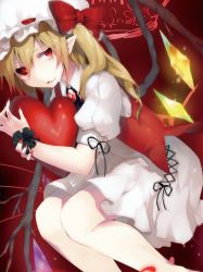 Rule 34 | 1girl, asagi yuna, ascot, bad id, bad pixiv id, blonde hair, flandre scarlet, hat, heart, heart-shaped pillow, heterochromia, looking at viewer, lying, mob cap, hugging object, parted lips, pillow, pillow hug, red eyes, side ponytail, smile, solo, tears, touhou, wings