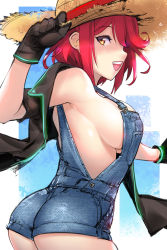 Rule 34 | 1girl, ass, breasts, cow girl, farmer, gloves, hat, highres, large breasts, naked overalls, overalls, pyra (xenoblade), red eyes, red hair, robot cat (robotcatart), short hair, short shorts, shorts, sideboob, solo, swept bangs, xenoblade chronicles (series), xenoblade chronicles 2