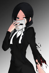 Rule 34 | 1girl, black dress, black eyes, black hair, braid, character request, dress, fate/strange fake, fate (series), gradient background, grey background, hair over shoulder, holding, holding mask, long hair, long sleeves, looking at viewer, mask, unworn mask, mekakuri (otacon250), no name assassin (fate), parted bangs, shaded face, solo, torn clothes, torn dress, torn sleeves, twin braids, upper body