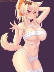 Rule 34 | 1girl, animal ears, arm up, bare arms, bare shoulders, blonde hair, blush, bow, breasts, cat ears, cat girl, cat tail, collarbone, commentary, english commentary, hair bow, hair ornament, hairclip, halloween, highres, large breasts, long hair, looking at viewer, nottytiffy, original, parted lips, patreon username, ponytail, purple background, red eyes, sidelocks, simple background, smile, solo, tail, teeth, tiffy (nottytiffy), underboob