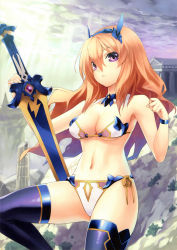 Rule 34 | 1girl, absurdres, armor, armpits, bare shoulders, bikini, bikini armor, blonde hair, blue thighhighs, bra, bracelet, breasts, cleavage, clenched hand, cloud, cloudy sky, day, detached collar, from side, gem, genkai tokki monster monpiece, hair between eyes, headgear, highres, hirano katsuyuki, holding, holding sword, holding weapon, jewelry, light rays, long hair, looking at viewer, moss, navel, official art, orange hair, outdoors, panties, pillar, planted, planted sword, planted weapon, purple eyes, purple thighhighs, rock, scan, side-tie bikini bottom, side-tie panties, sidelocks, skindentation, sky, solo, string panties, sunbeam, sunlight, swimsuit, sword, thighhighs, titan (genkai tokki monster monpiece), underboob, underwear, underwear only, wavy hair, weapon, white bra, white panties