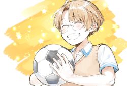 Rule 34 | 1boy, :d, ball, closed eyes, glasses, grin, holding, holding ball, jinnai enta, karushiumu shougyo, light brown hair, male focus, open mouth, sarazanmai, short hair, short sleeves, simple background, smile, soccer ball, solo, star (symbol), sweater vest, upper body