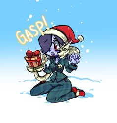 Rule 34 | 1girl, alternate costume, blue background, blue hair, blue skin, box, christmas, closed eyes, colored skin, flannel, gift, gift box, hair over one eye, hat, kneeling, leviathan (skullgirls), mercysstrap, nuzzle, open mouth, pajamas, red eyes, santa hat, skullgirls, snow, stitched mouth, stitches, striped legwear, zombie