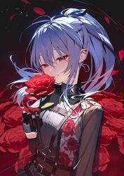 Rule 34 | 1girl, absurdres, anniversary, black gloves, black ribbon, black shirt, blue hair, breasts, character name, ear piercing, floating hair, floral print, flower, gloves, grin, hair ribbon, hand up, highres, holding, holding flower, hololive, hoshimachi suisei, hoshimachi suisei (shout in crisis), kitada mo, long hair, looking at viewer, official alternate costume, petals, piercing, ponytail, red eyes, red flower, red rose, red theme, ribbon, rose, rose petals, rose print, shirt, small breasts, smile, solo, turtleneck, virtual youtuber